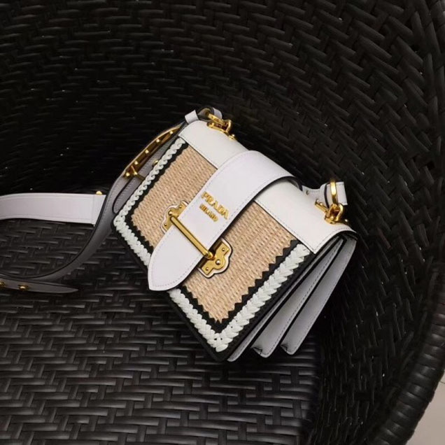 Prada Woven Straw And Leather Cahier Shoulder Bag 1BD045 Beige/White 2018