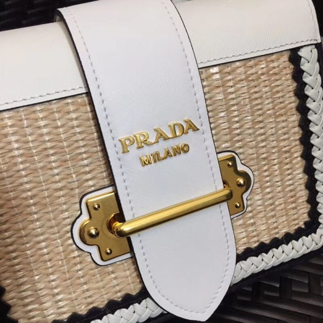 Prada Woven Straw And Leather Cahier Shoulder Bag 1BD045 Beige/White 2018