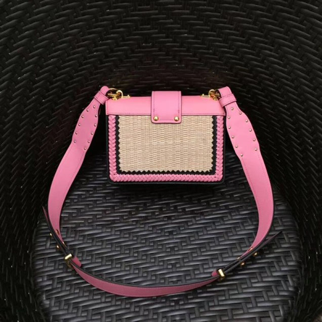 Prada Woven Straw And Leather Cahier Shoulder Bag 1BD045 Beige/Pink 2018