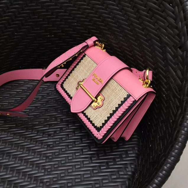 Prada Woven Straw And Leather Cahier Shoulder Bag 1BD045 Beige/Pink 2018