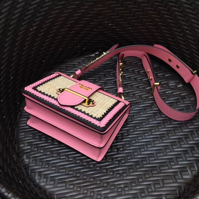 Prada Woven Straw And Leather Cahier Shoulder Bag 1BD045 Beige/Pink 2018