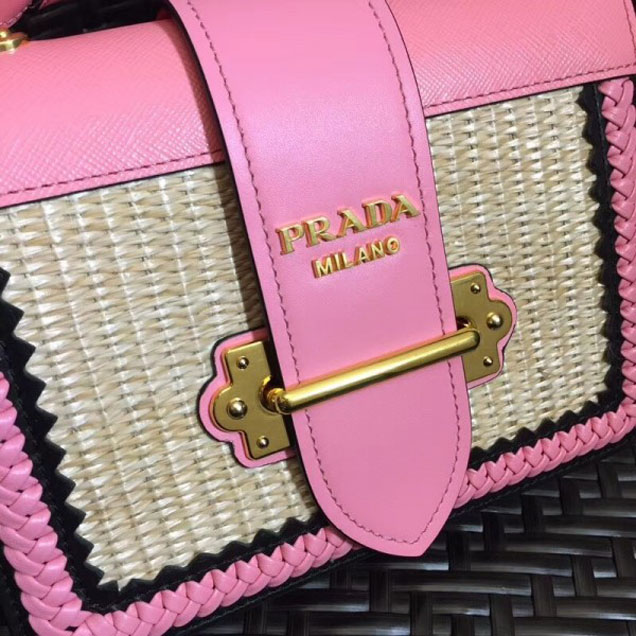 Prada Woven Straw And Leather Cahier Shoulder Bag 1BD045 Beige/Pink 2018