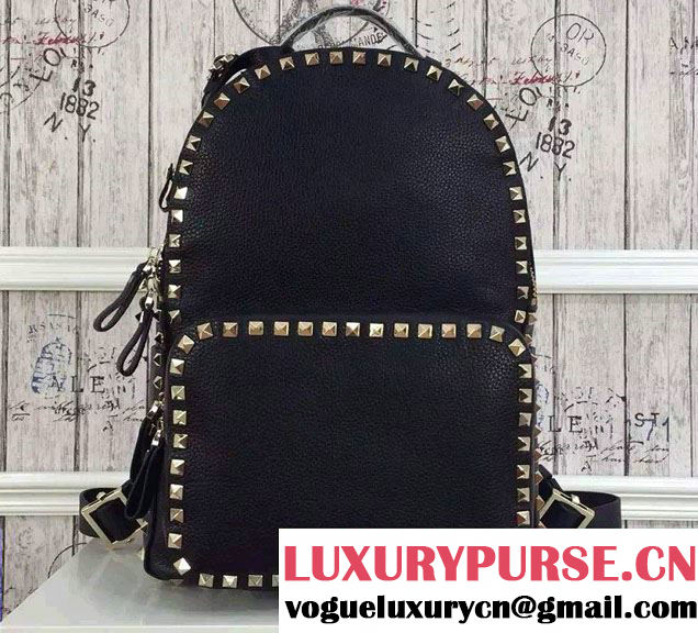 Valentino Grained Leather Rockstud Medium Backpack Black 2016