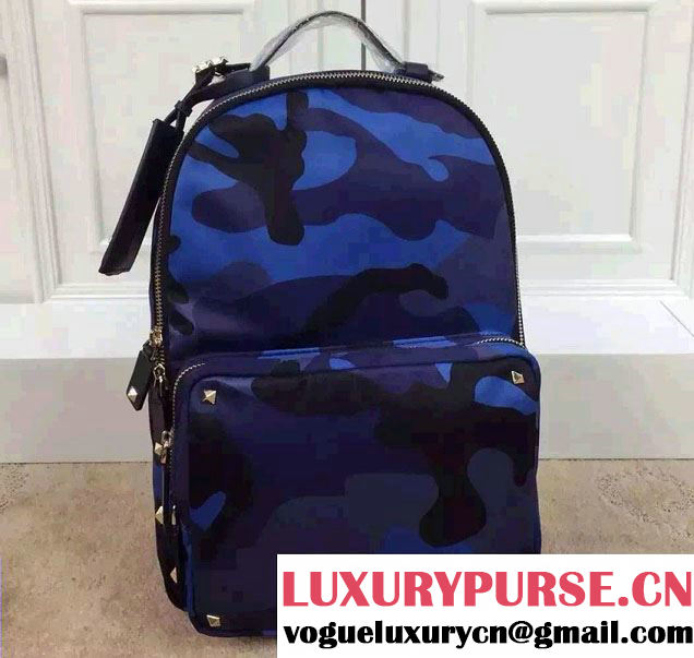 Valentino Camouflage Printed Canvas Fabric Medium Backpack Blue