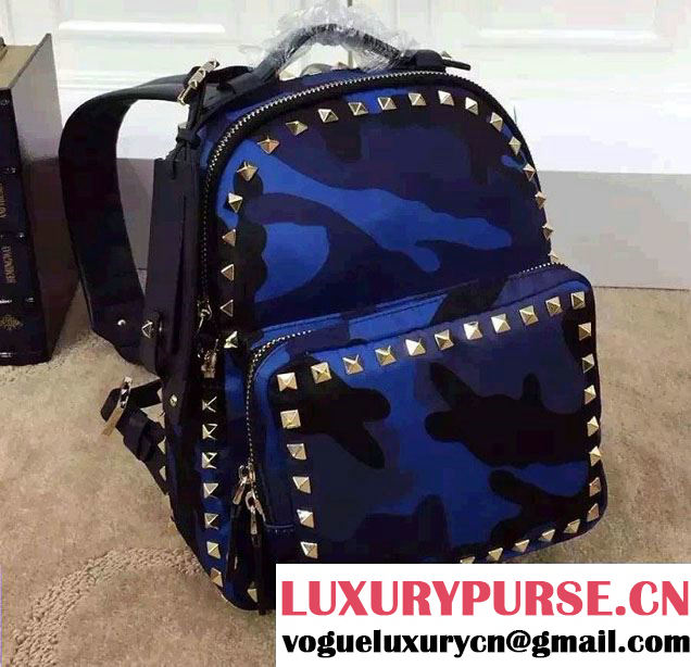 Valentino Camouflage Printed Canvas Fabric Small Backpack Blue