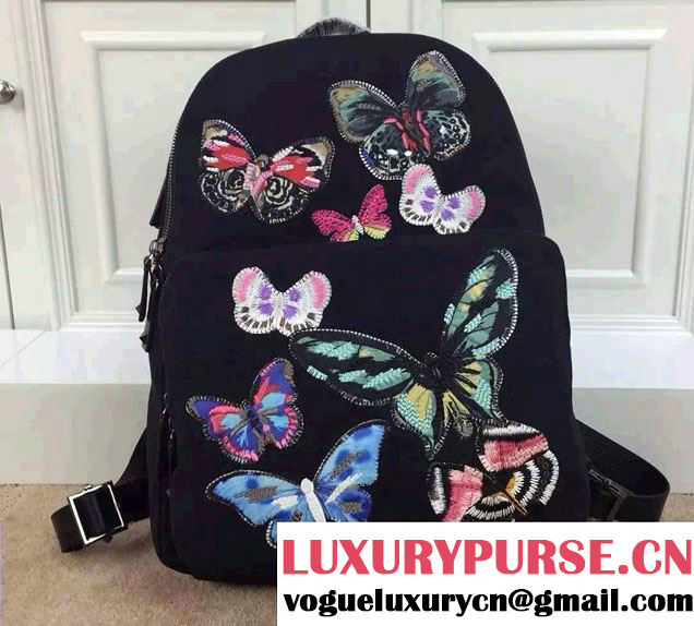 Valentino Butterfly Embroideries Canvas Fabric Large Backpack Black