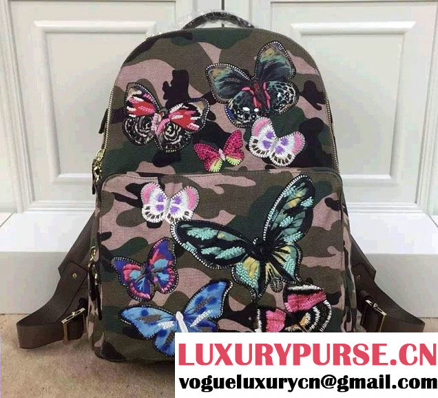 Valentino Butterfly Embroideries Canvas Fabric Large Backpack Camouflage