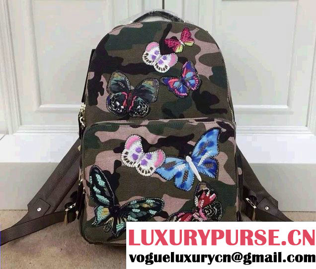 Valentino Butterfly Embroideries Canvas Fabric Medium Backpack Camouflage