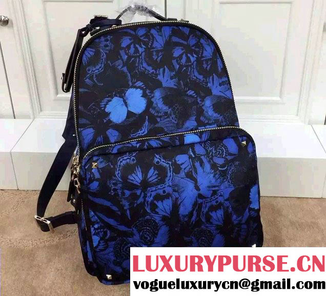 Valentino Butterfly Printed Canvas Fabric Large Backpack Blue