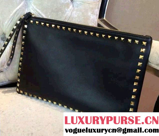 Valentino Calfskin Rockstud Clutch Pouch Bag Black/Gold 2015