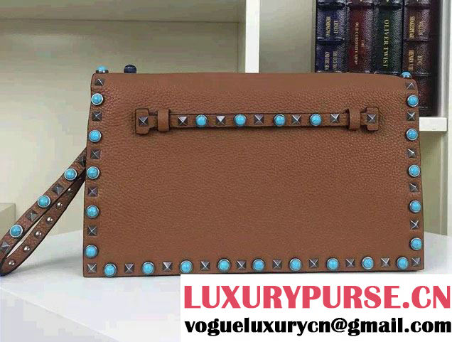 Valentino Silver/Turquoise Rockstud Rolling Clutch Bag Brown 2016