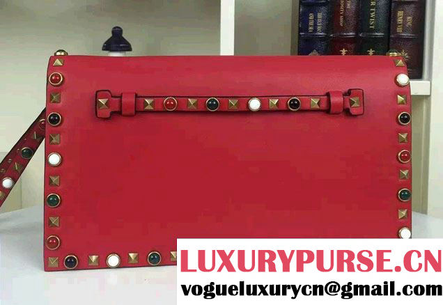 Valentino Multi-colored Cabochon Stones Rockstud Rolling Clutch Bag Red 2016