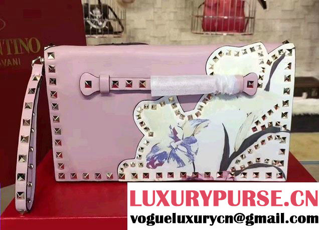 Valentino Rockstud Flower Printed Cutout Clutch Bag Pink 2016