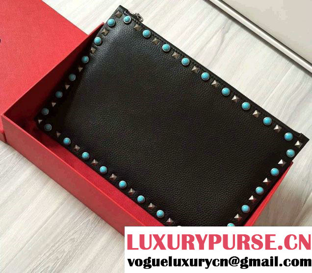 Valentino Turquoise/Silver Rockstud Rolling Large Flat Pouch Clutch Bag Black 2016