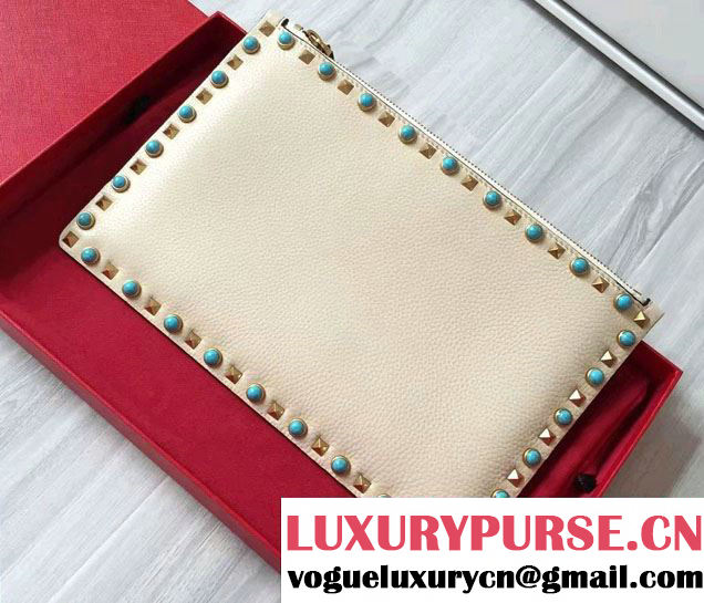 Valentino Turquoise/Gold Rockstud Rolling Large Flat Pouch Clutch Bag Off White 2016