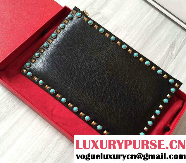 Valentino Turquoise/Gold Rockstud Rolling Large Flat Pouch Clutch Bag Black 2016