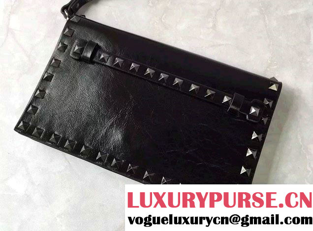 Valentino Crinkled Leather Small Rockstud Noir Clutch Pouch Bag 2016