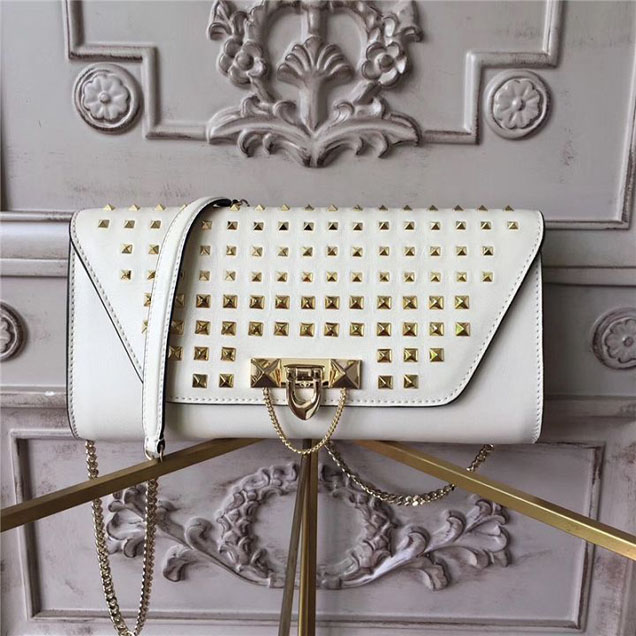 Valentino Garavani Demilune Studded Chain Clutch Bag Calfskin Leather Pre-Fall 2017 Bag Collection White