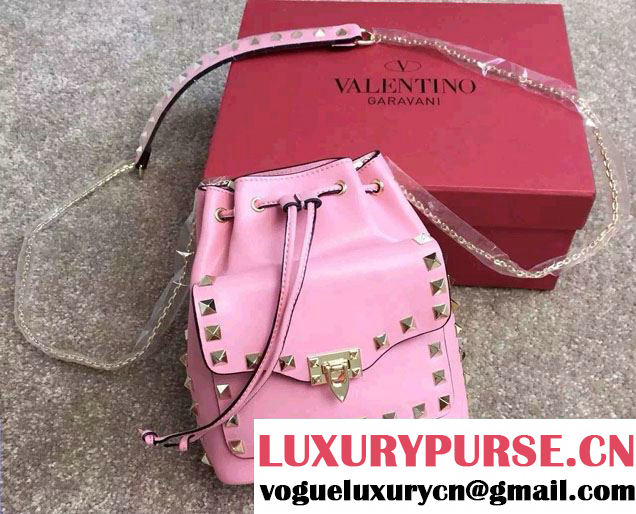 Valentino Rockstud Drawstring Bucket Bag Pink 2015