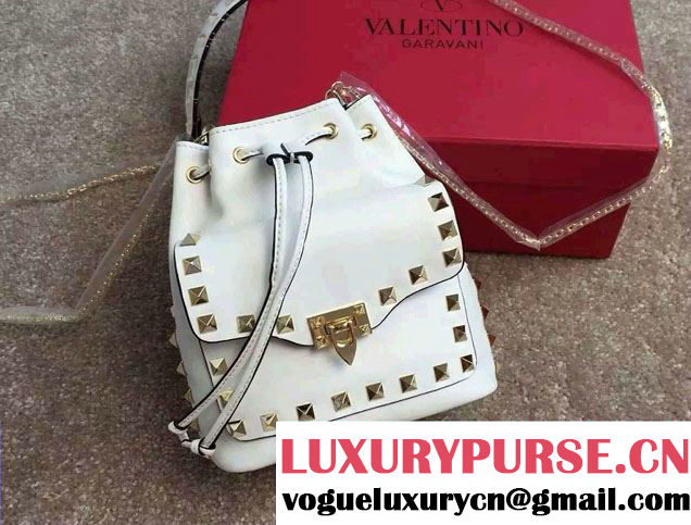 Valentino Rockstud Drawstring Bucket Bag White 2015