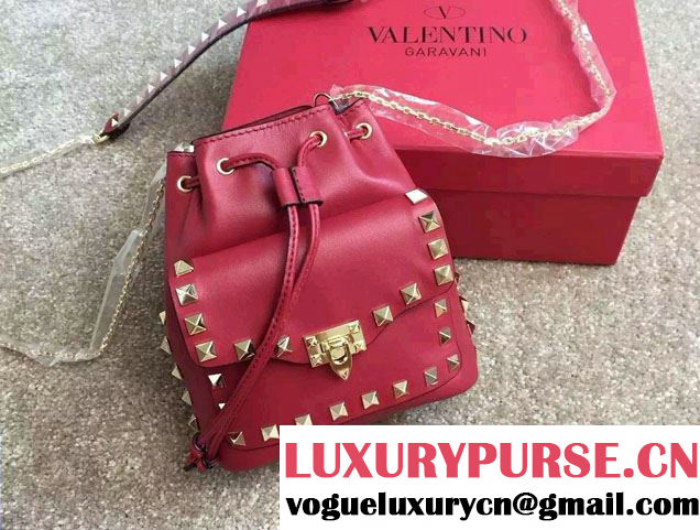 Valentino Rockstud Drawstring Bucket Bag Red 2015