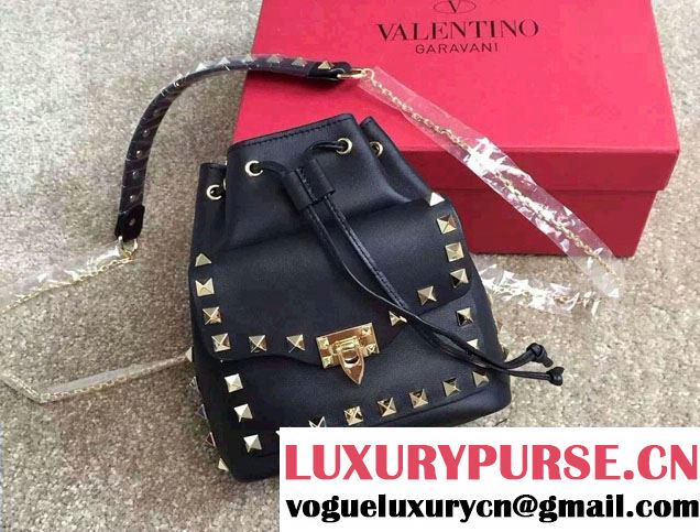 Valentino Rockstud Drawstring Bucket Bag Black 2015