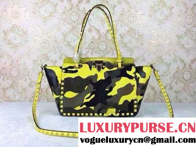 Valentino Rockstud Camouflage Print Tote Small Bag Yellow