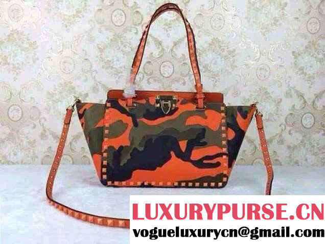 Valentino Rockstud Camouflage Print Tote Small Bag Orange