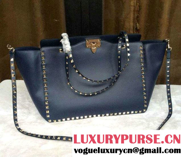 Valentino Leather Rockstud Tote Bag Dark Royal Blue 2015