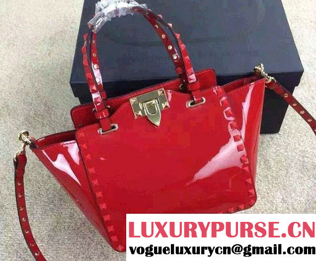 Valentino Patent Leather Rockstud Mini Tote Bag Red 2015