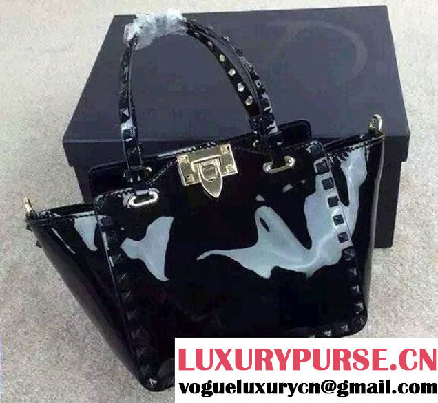 Valentino Patent Leather Rockstud Mini Tote Bag Black 2015