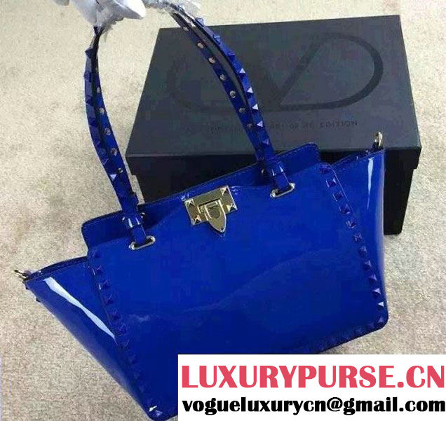 Valentino Patent Leather Rockstud Small Tote Bag Blue 2015