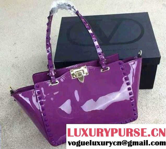 Valentino Patent Leather Rockstud Small Tote Bag Purple 2015