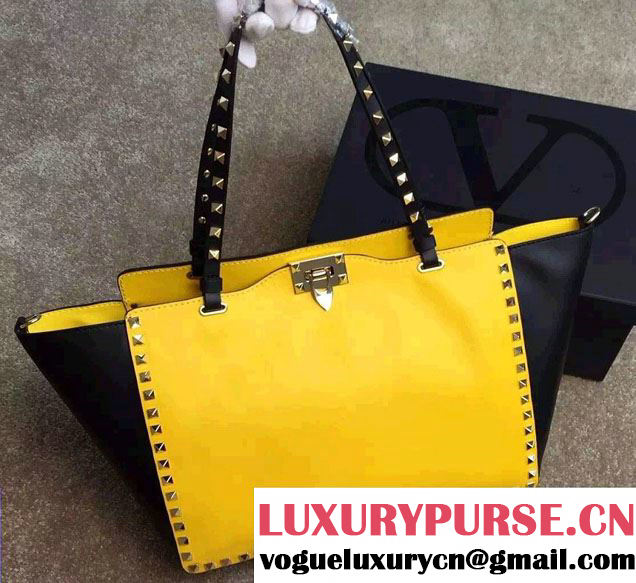 Valentino ColorBlock Leather Rockstud Tote Bag Yellow/Black 2015