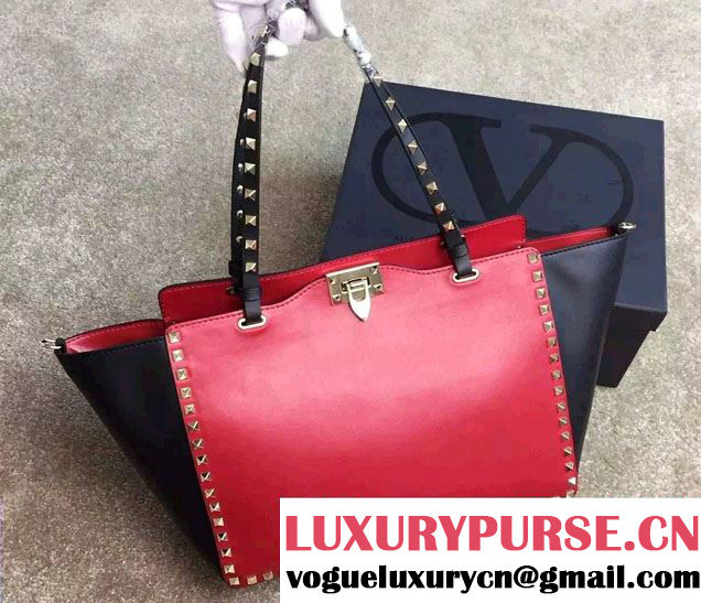 Valentino ColorBlock Leather Rockstud Tote Bag Red/Black 2015