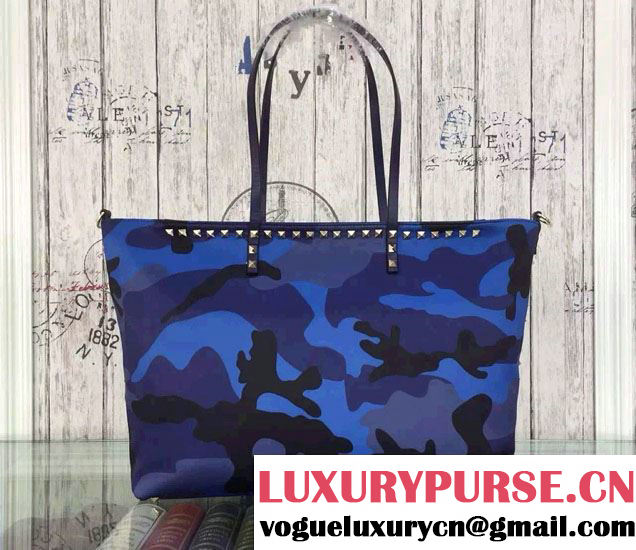 Valentino Nylon Camouflage Tote Bag Blue 2015