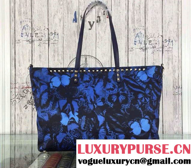 Valentino Nylon Camouflage Tote Bag Butterfly Printed Blue 2015