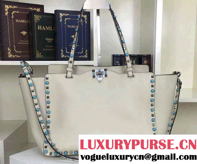 Valentino Silver/Turquoise Rockstud Rolling Medium Tote Bag Off White 2016