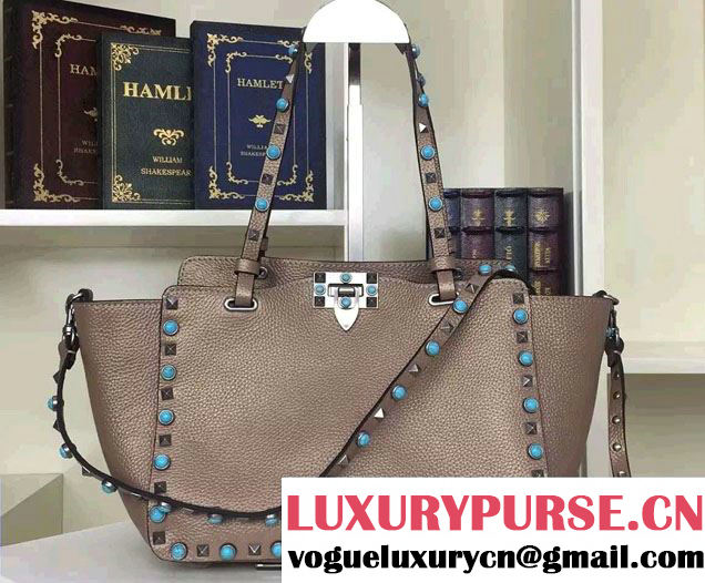 Valentino Silver/Turquoise Rockstud Rolling Small Tote Bag Platinum 2016