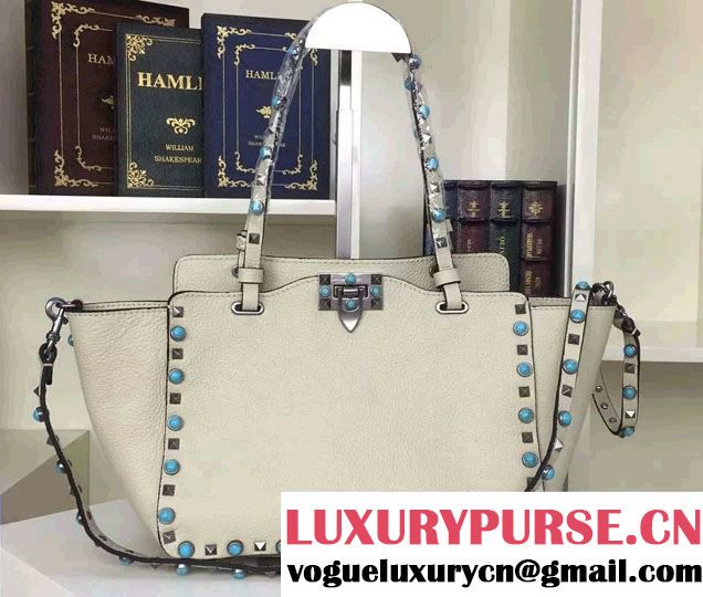 Valentino Silver/Turquoise Rockstud Rolling Small Tote Bag Off White 2016