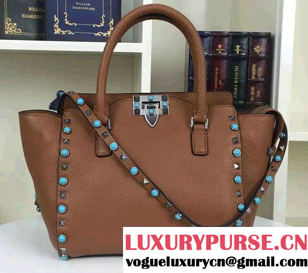 Valentino Silver/Turquoise Rockstud Rolling Mini Double Handle Bag Brown 2016