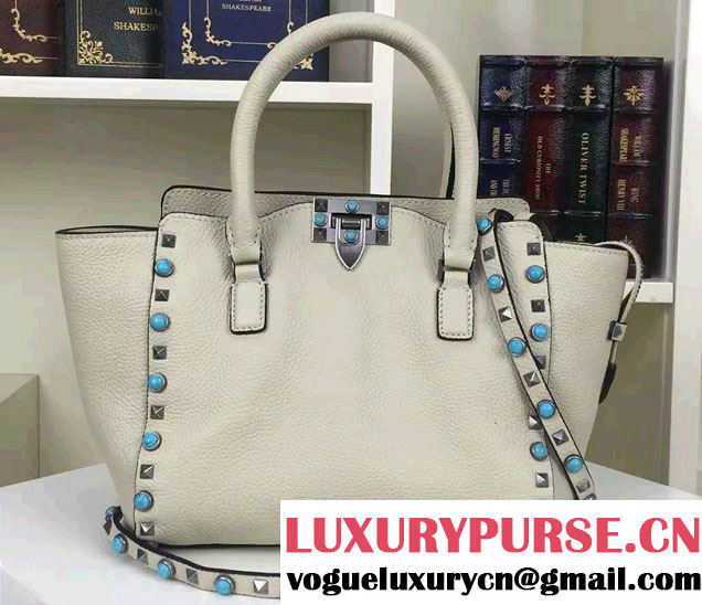 Valentino Silver/Turquoise Rockstud Rolling Mini Double Handle Bag Off White 2016