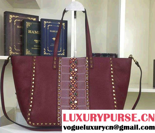 Valentino Tribal Hand-Painted Rockstud Tote Large Bag Bordeaux 2016