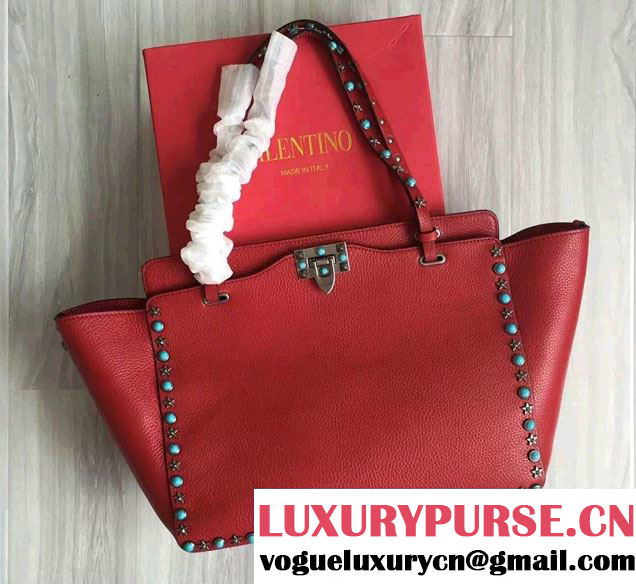 Valentino Starstudded Rockstud Medium Tote Bag Red 2016