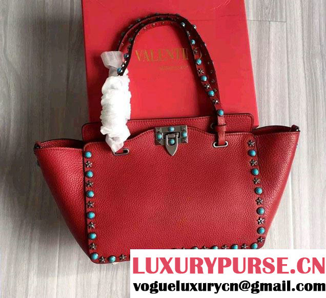 Valentino Starstudded Rockstud Small Tote Bag Red 2016