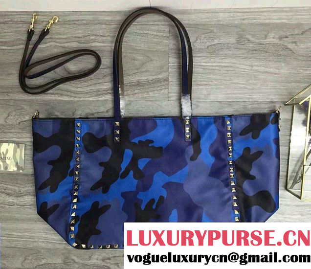 Valentino Camouflage Printed Nylon Reversible Tote Bag Blue 2016