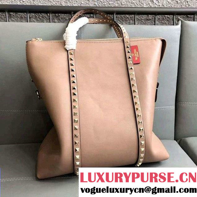 Valentino Rockstud Calfskin Shopping Tote Bag 0091 Beige (JD-8020507 )