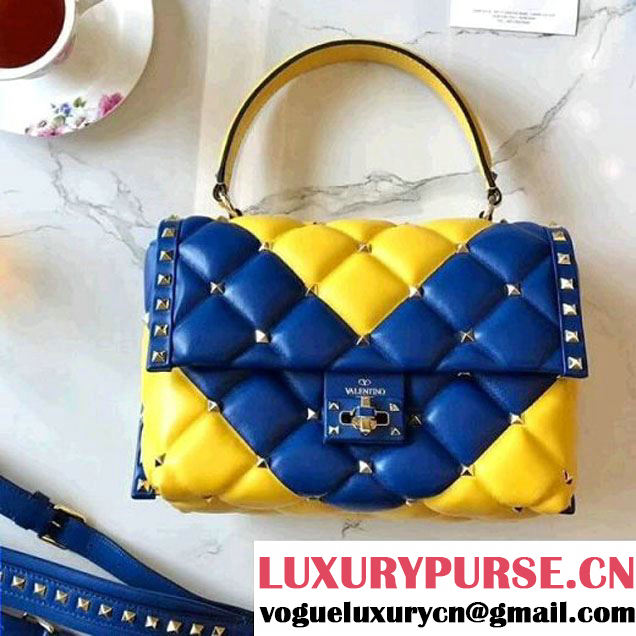 Valentino "V" Intarsia Lambskin Garavani Candystud Single Handle Bag Yellow/Blue 2018 (B178-8022704 )