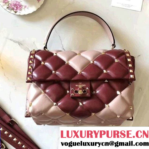 Valentino "V" Intarsia Lambskin Garavani Candystud Single Handle Bag Pink/Burgundy 2018 (B178-8022703 )