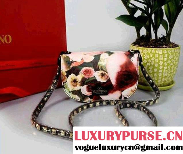 Valentino Rockstud BLack Peony-Print Flap Shoulder Bag